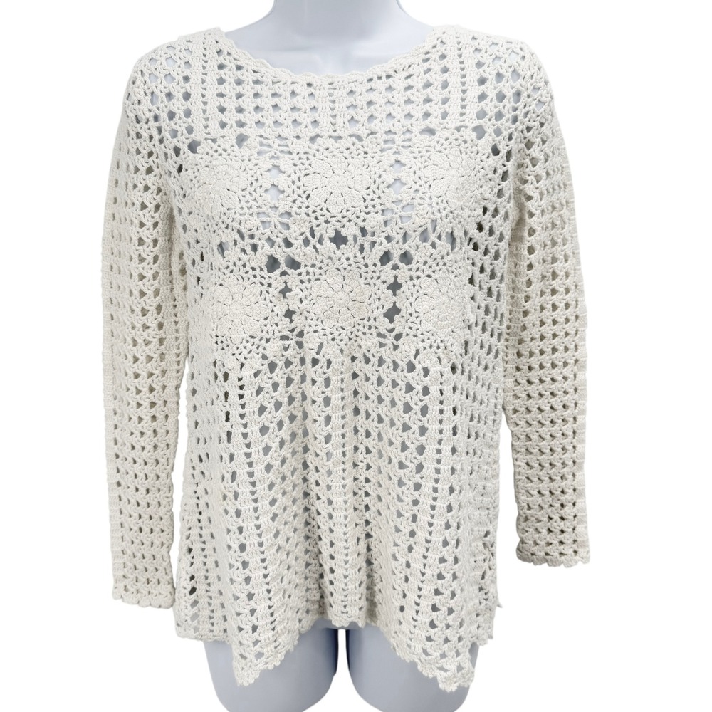 Free People Crochet Floral Tunic Size M White Boho Festival Fairy Beachy